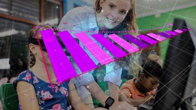 Holographic pink bars projected over a classroom scene illustrate employing technology in education. Ideal for material related to innovative teaching techniques, modern education trends, and virtual reality integration for learning opportunities.