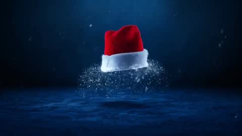 Hovering Santa Hat Rotating and Emitting Sparkles Over Dark Blue Floor for Holiday Videos