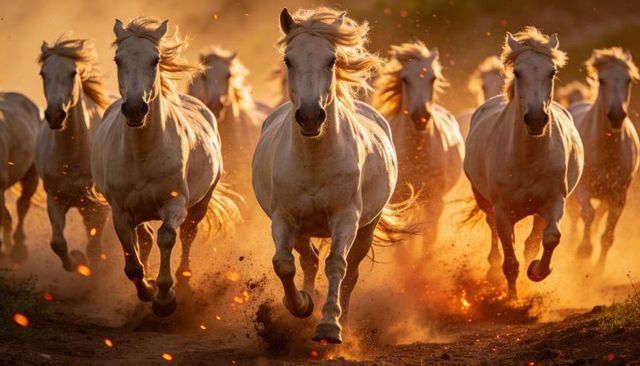 Galloping white horse herd charging through golden dust and glowing embers at sunset