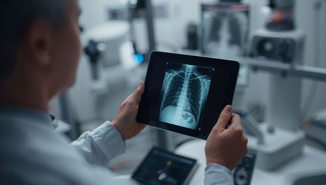 Doctor Using Tablet for Chest X-ray Examination in Modern Radiology Room
