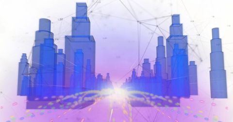 Futuristic Digital Cityscape with Network Connectivity and Node Trails