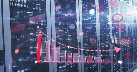 Digital data center with declining bar chart and virus elements