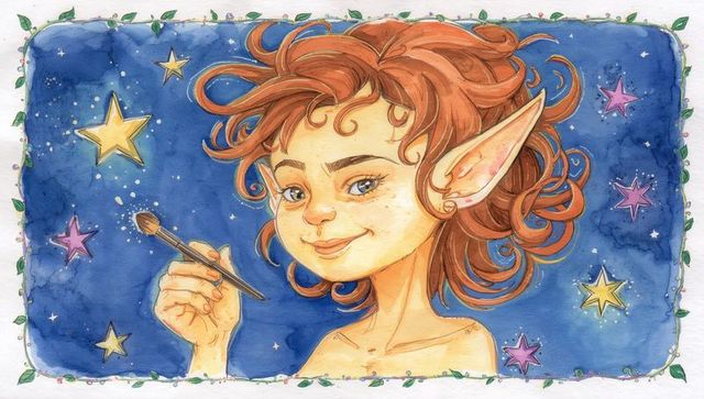 Whimsical watercolor elf teen holding paintbrush toward celestial stars, vine border