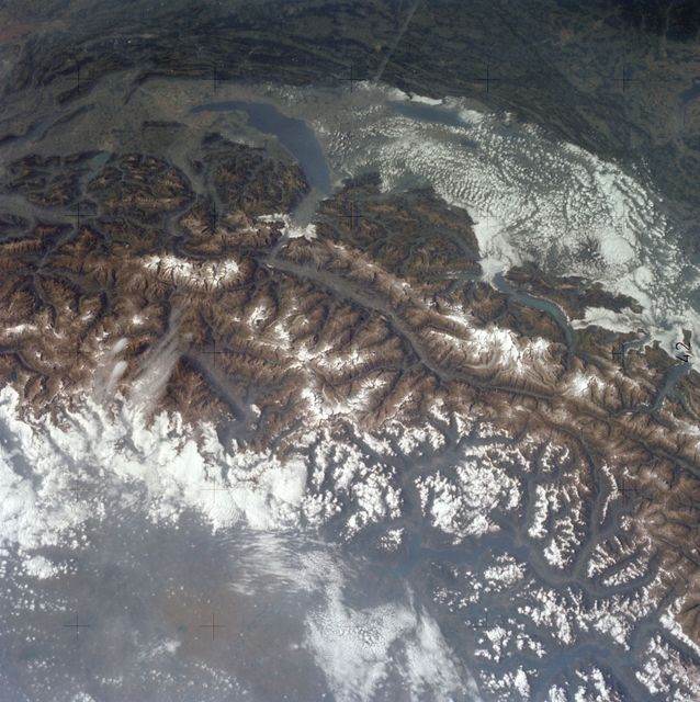 SL3-121-2438 (July-September 1973) --- The Alps of Switzerland, France and Italy are featured in this exceptional photograph taken by a hand-held camera from the Skylab space station during the second manned Skylab mission. Also visible in the out-the-window 70mm Hasselblad view are Lake Geneva, Lake of Lucerne, Rhone River and many other features.  The Skylab 3 crewmen, astronauts Alan L. Bean, Owen K. Garriott and Jack R. Lousma completed a 59-day mission with a successful splashdown on Sept. 25, 1973. Photo credit: NASA