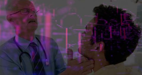 Doctor examining patient throat with futuristic digital interface