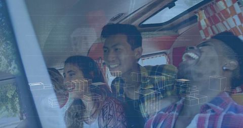 Smiling Friends Traveling in Van with Digital Overlay Effect