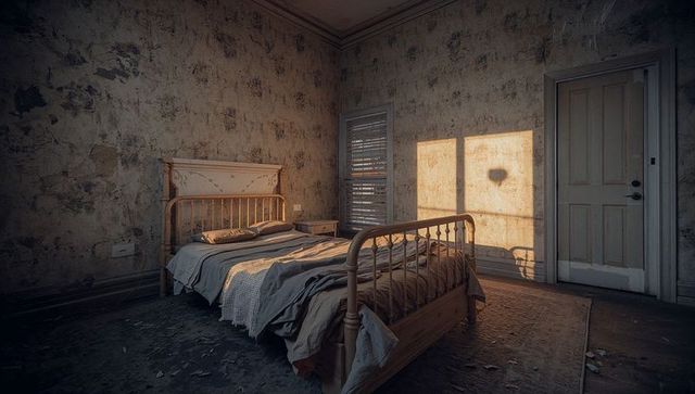Abandoned bedroom with peeling wallpaper and wooden bed frame
