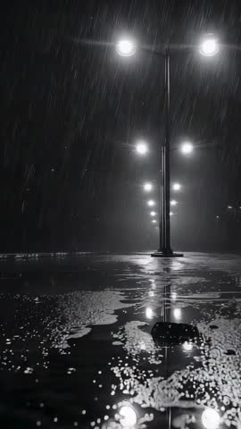 Vertical night video capturing rainy walkway reflecting lamppost glow while camera moving
