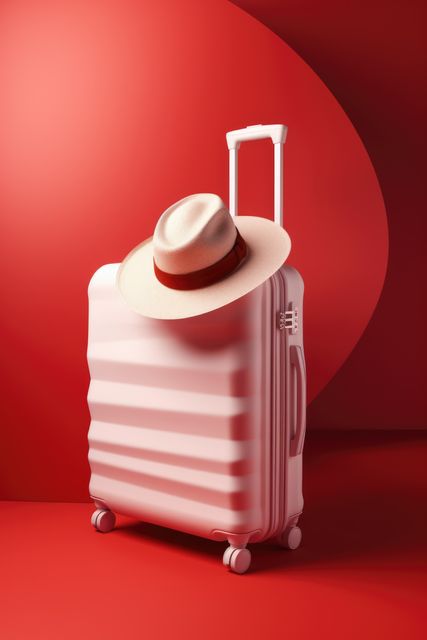 Sunhat on pink wheeled suitcase, on red with copy space, created using generative ai technology. Travel, exploration and vacations, digitally generated image.