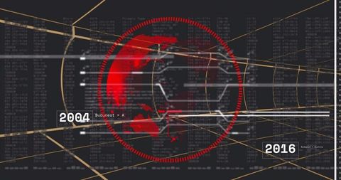 Rotating red globe within dotted radar ring hex wireframe gold grid futuristic interface