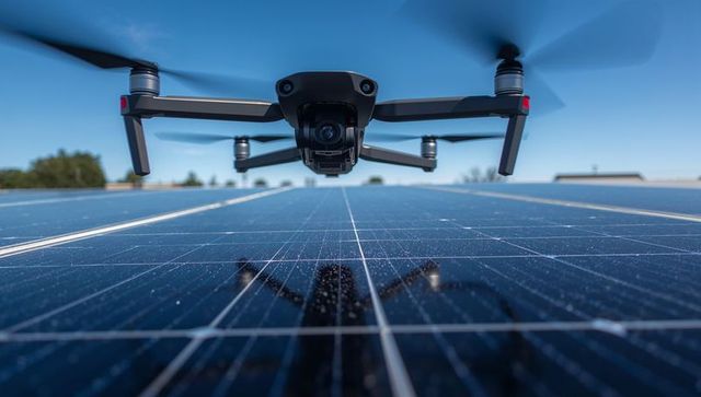 Hovering Quadcopter Inspecting Solar Panel Array from Low Angle with Camera Reflection