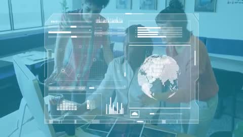 Diverse Team using Digital Interface with Global Data Animation