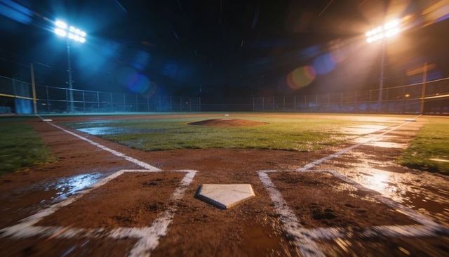 Wet home plate and batter's box reflecting stadium lights on nighttime baseball diamond