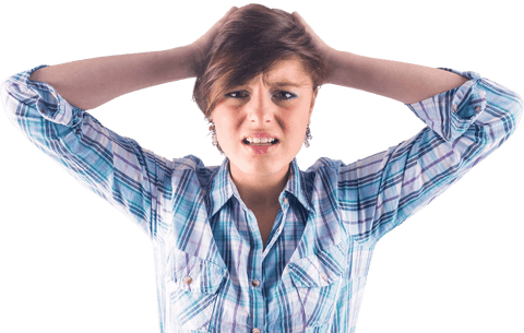 Young woman holding head feeling frustrated in transparent background