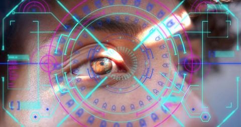 Closeup male eye undergoing biometric iris scan with neon hud interface overlay for security