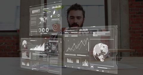 Male Analyst Studying Holographic Data Dashboards with 3D Globe in Industrial Loft Office