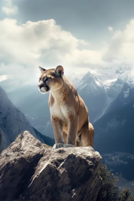 A majestic mountain lion sits atop a rocky peak, surveying its territory. The powerful feline's gaze adds a sense of wilderness and natural beauty to the scene.