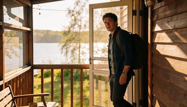 Backpacker standing at lakeside cabin door carrying backpack during golden hour light