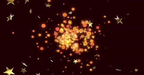 Glowing golden bokeh burst with floating stars on deep burgundy canvas