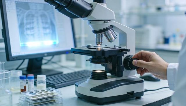 Laboratory Technician Adjusting Microscope Focus with Slide Trays, Vials and Radiograph Monitor