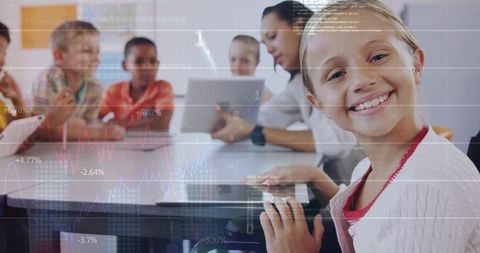 Cheerful student engaging in classroom technology session