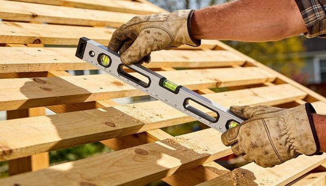 Carpenter checking roof level with spirit level and leather gloves on wood battens