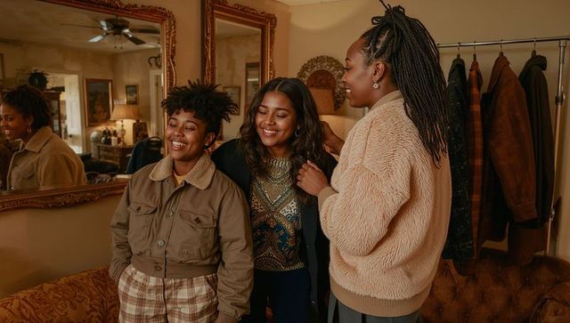 Smiling friends styling layered fall outfits in cozy vintage dressing area with mirrors