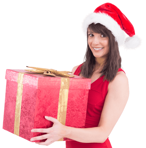 Smiling Woman in Santa Hat Holding Transparent Red Gift Box