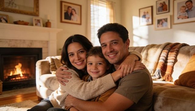 Smiling family of three embracing on sofa by fireplace, cozy warm home moment