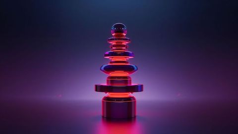 Glowing neon sculpture stacked disks and sphere reflecting in magenta blue light