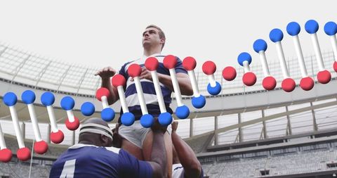 Digital DNA Strand Overlaying Rugby Stadium Scene