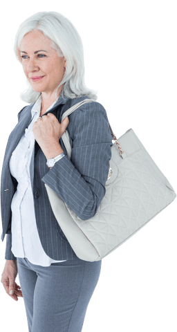 Senior businesswoman with purse smiling transparent background