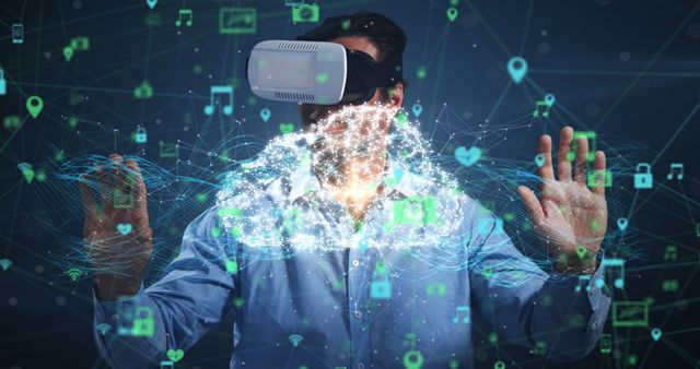 Image of digital interface with icons and network of connections with man wearing VR headset. Global computer network technology concept digitally generated image.