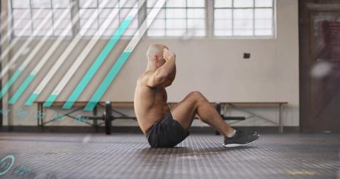 Shirtless fit man doing sit-ups on gym floor with teal graphic overlays and athletic vibe