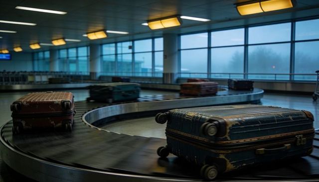 Scuffed vintage suitcases rolling on airport baggage carousel in foggy terminal