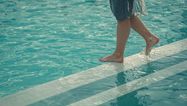 Bare feet walking on pool lane splashing turquoise water, summer leisure close-up