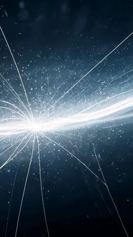 Vertical sci-fi burst emitting white-blue filaments across starfield, stabilizing into glowing arc