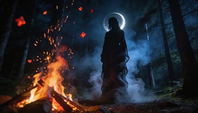 Silhouetted woman wearing flowing cloak standing by campfire under halo moon in forest