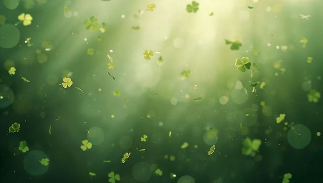 Sunlit clover leaves drifting through green bokeh with soft sunbeams and glowing dust