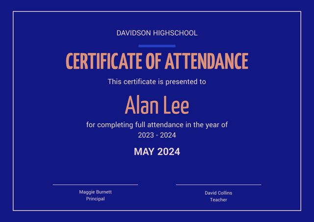 Elegant and bold certificate design for celebrating full attendance in high school. Perfect for academic ceremonies and awards presentations. Provide recognition for students' dedication and consistency in attendance for the 2023-2024 school year.