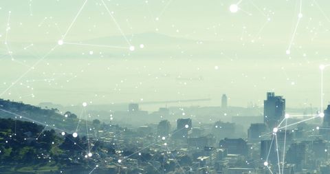 Digital Network Overlay on Foggy Cityscape