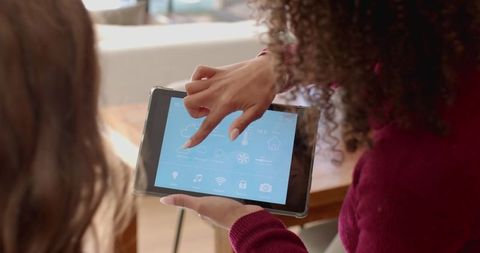 Women using tablet for smart home control