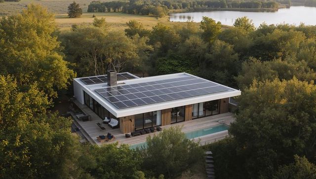 Modern Lakeside Home with Solar Panels and Cozy Wooden Deck