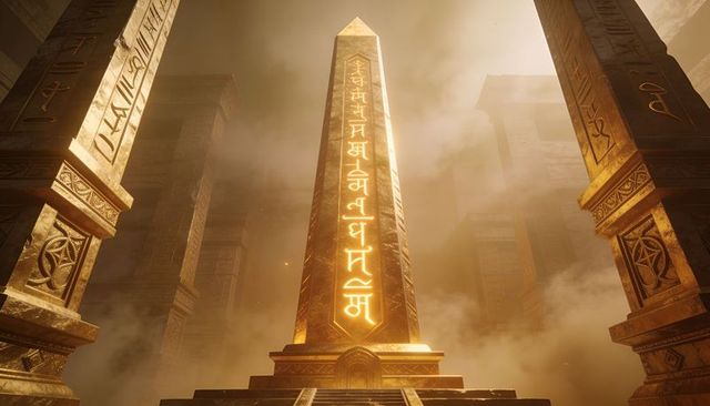 Glowing obelisk inscribed with runes illuminating sacred temple interior
