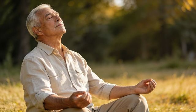 Senior man meditating in sunlit meadow at golden hour practicing mindful relaxation
