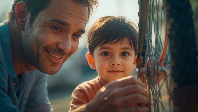 Father Teaching Son to Fix Bicycle Under Warm Sunlight