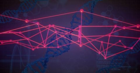 Neon Network Connecting Genomic Data Across DNA Helix with Futuristic Biotech Glow