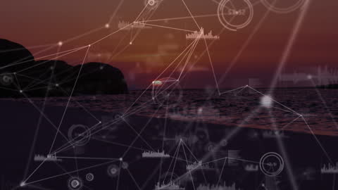 Digital Network Overlay on Sunset Beach Scene