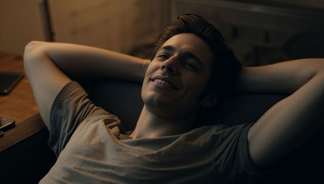 Young man relaxing on couch in warm evening light, smiling and reclining with smartphone