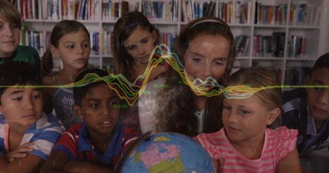 Teacher Guiding Diverse Students with World Globe at School Library